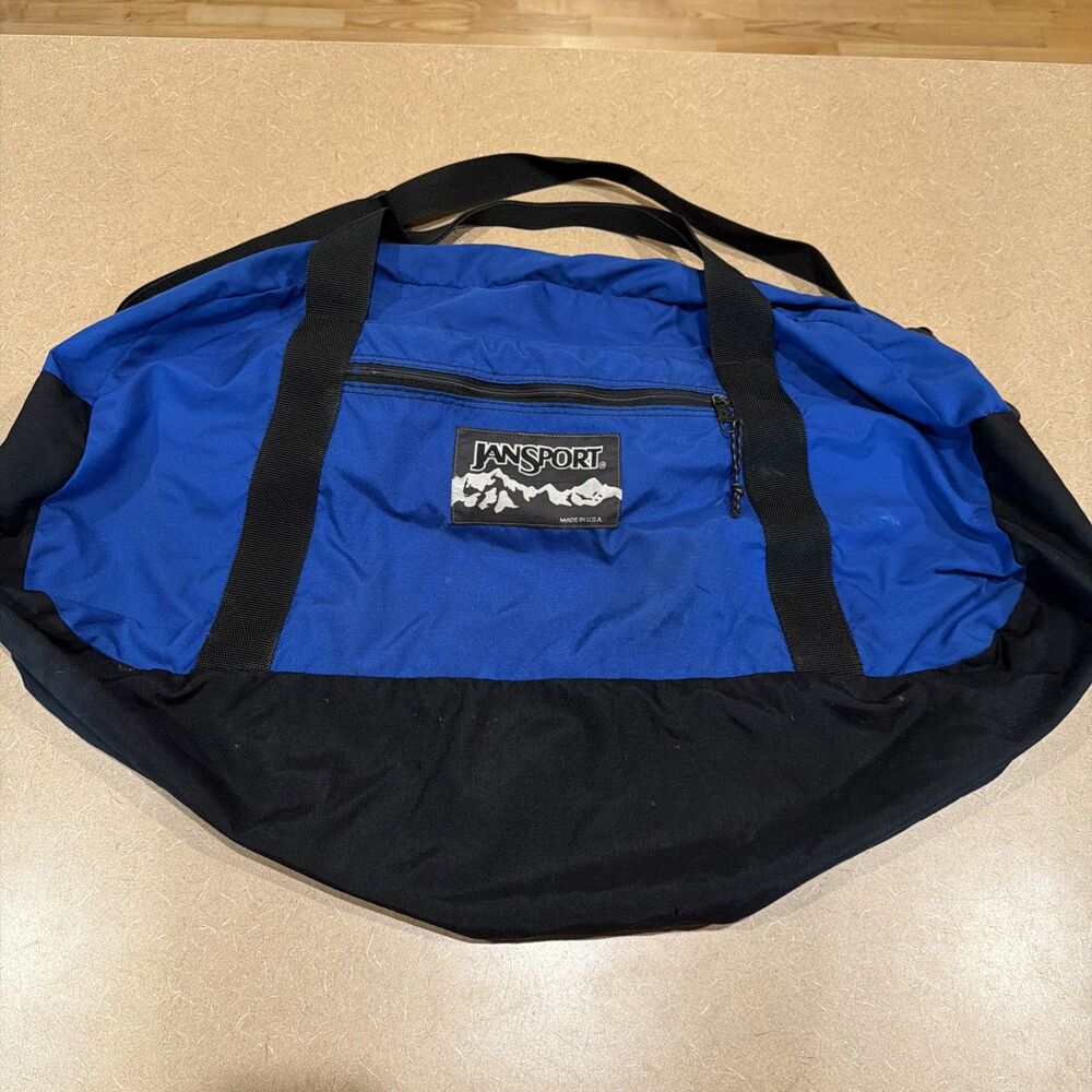 JanSport USA L Blue & Black Zip Duffel Gym Bag Pockets Adjustable Strap Vtg 1992